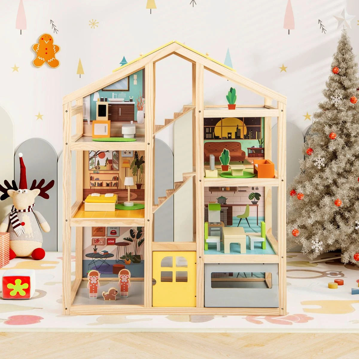 Kids Wooden Dollhouse with 7 Rooms, Figures & 18 Furniture Pieces | Pretend Play Toy for Ages 3+