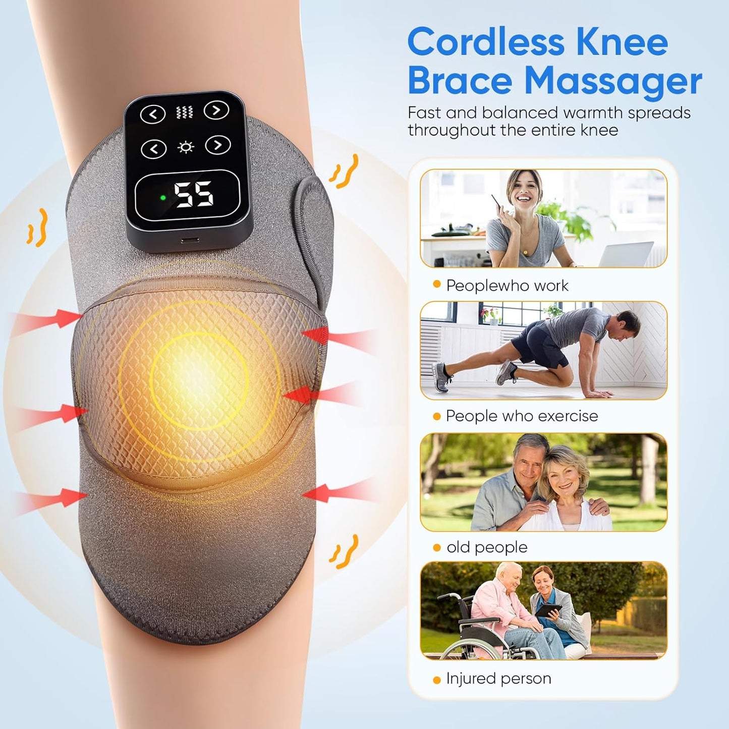 Cordless Heated Knee Massager with Vibration – Rechargeable 3-in-1 Knee, Shoulder & Elbow Wrap | 5 Heat Levels, 3 Vibration Modes, Adjustable Straps for Joint Pain, Muscle Strain & Arthritis Relief – Grey