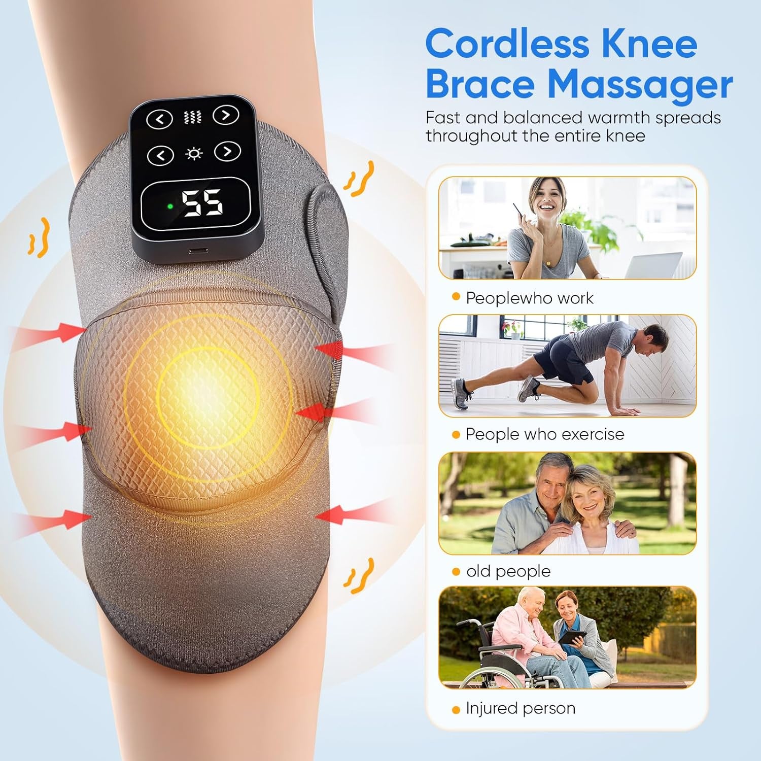 Cordless Heated Knee Massager with Vibration – Rechargeable 3-in-1 Knee, Shoulder & Elbow Wrap | 5 Heat Levels, 3 Vibration Modes, Adjustable Straps for Joint Pain, Muscle Strain & Arthritis Relief – Grey