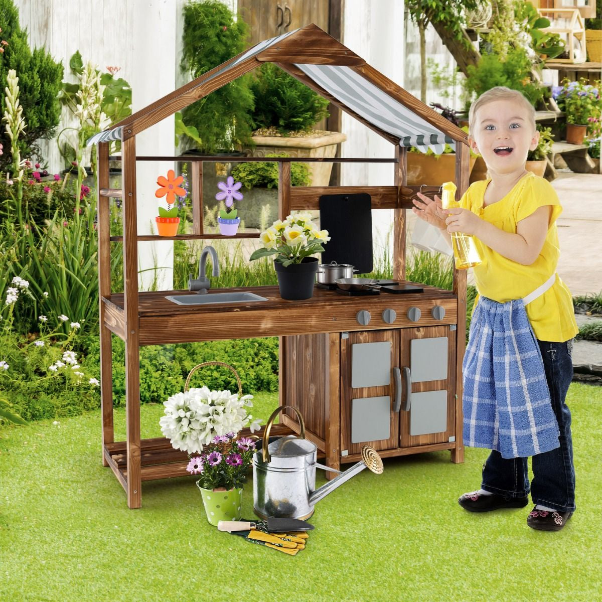 Outdoor Wooden Mud Kitchen with Canopy & Rotatable Faucet | Kids Play Kitchen with Sink, Chalkboard & Accessories