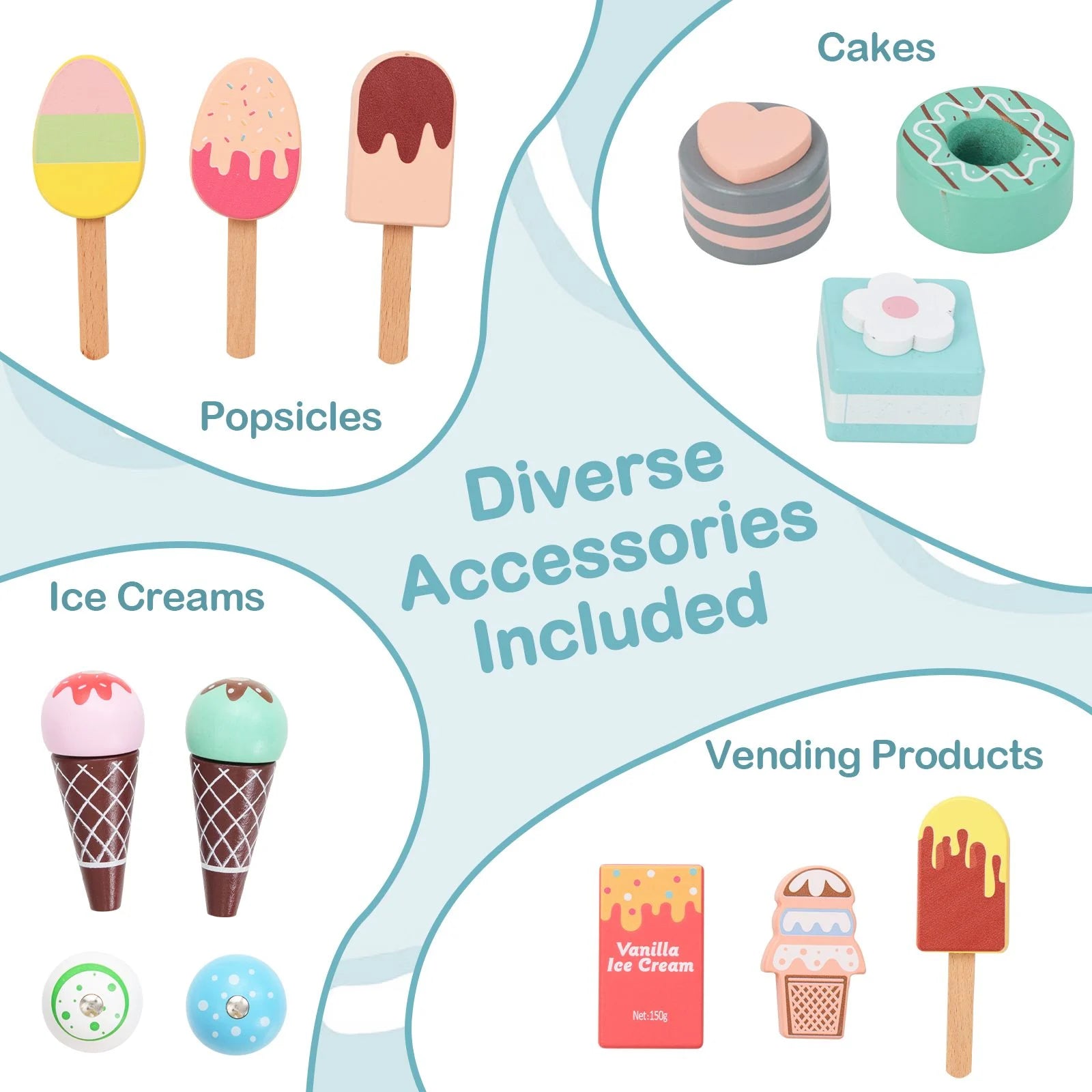 Wooden Kids Ice Cream Cart Pretend Play Set | Toddler Ice Cream Truck with Vending Machine & Accessories | Montessori Role Play Toy Ages 3+