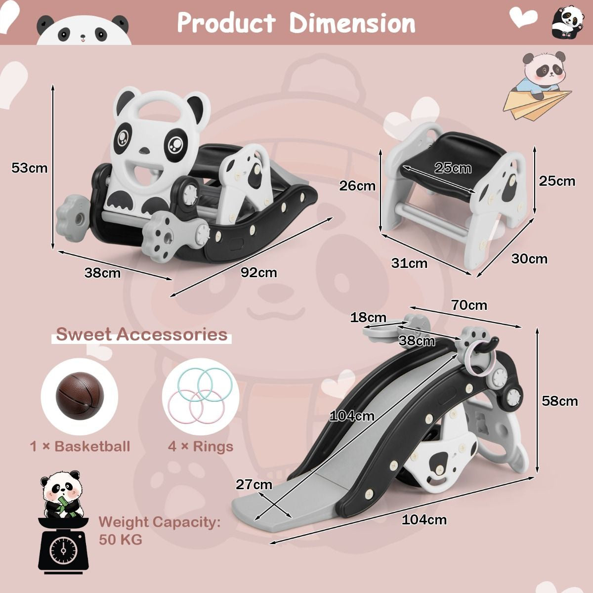 Children's Rocking Horse and Slide Set with Basketball and Ring Toss Game