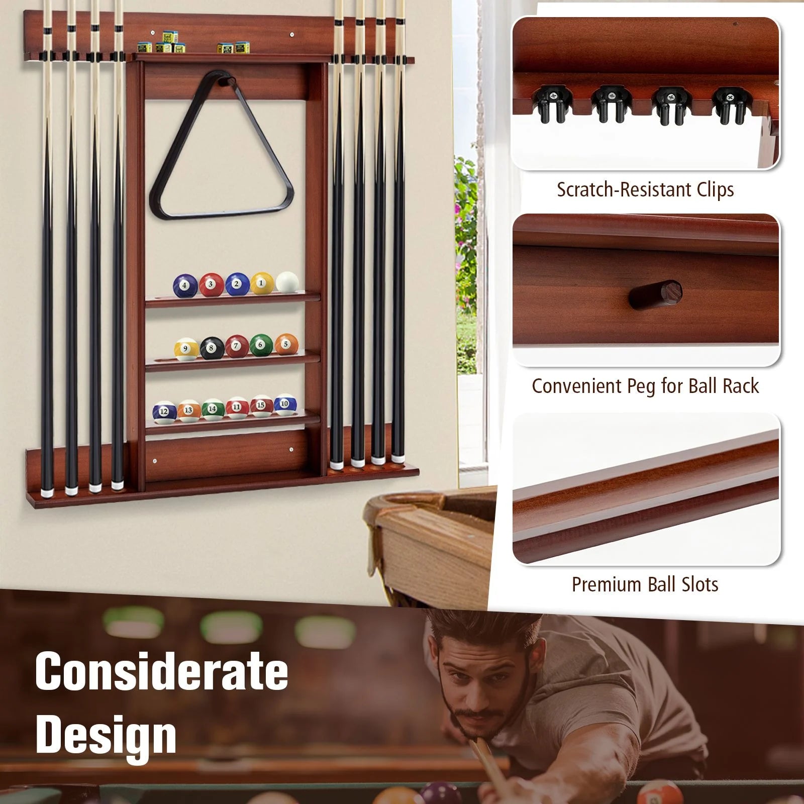 Wall-Mounted Pool Cue Rack for Billiards