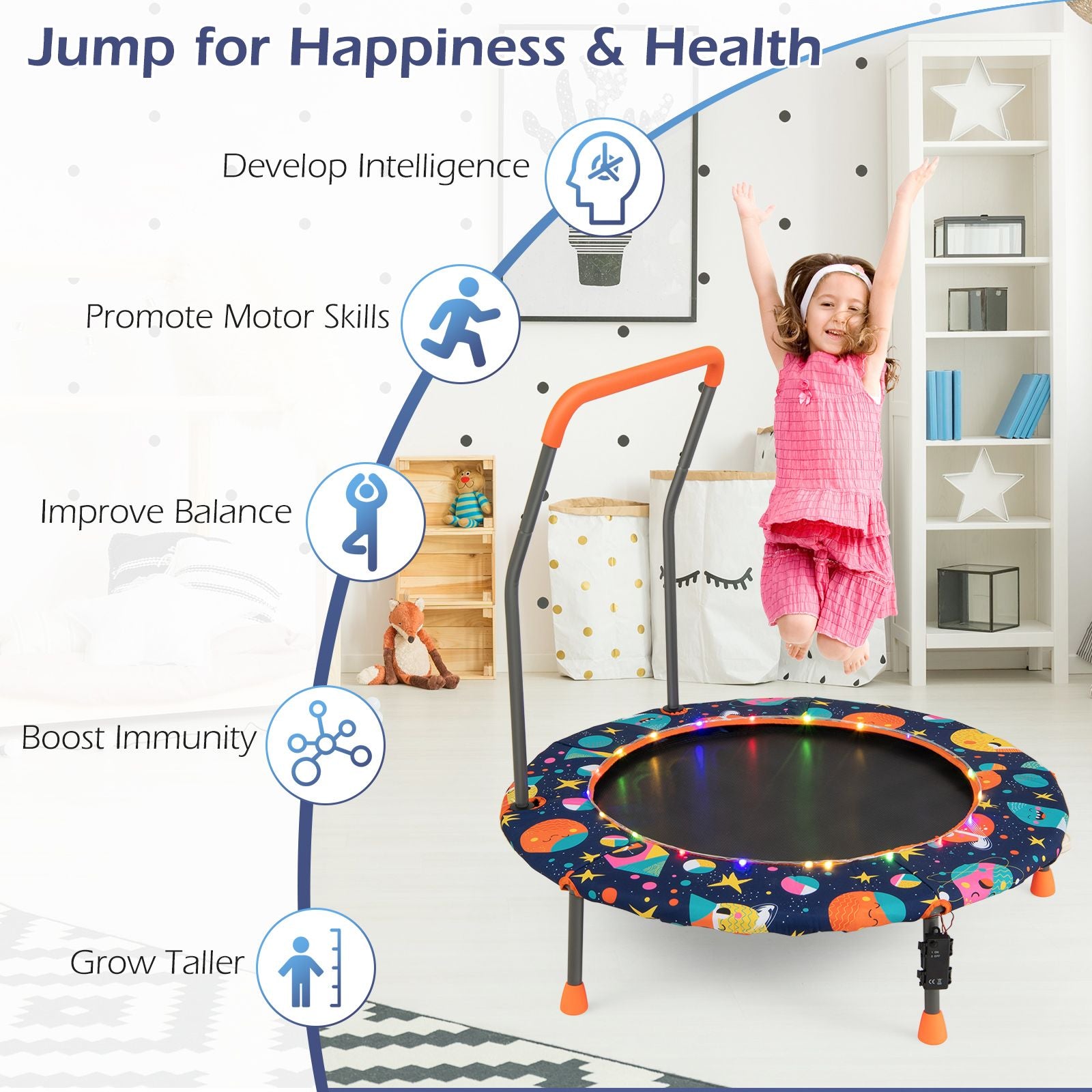 Children's Mini Trampoline with LED Lights and Safety Handle