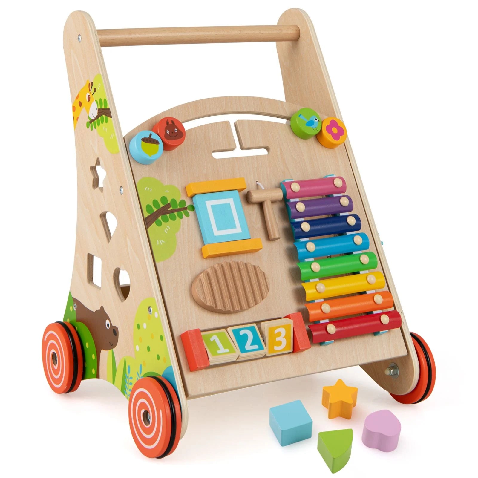 Wooden Baby Walker with Activity Center, Xylophone & Shape Sorters | Montessori Push Walker with Storage