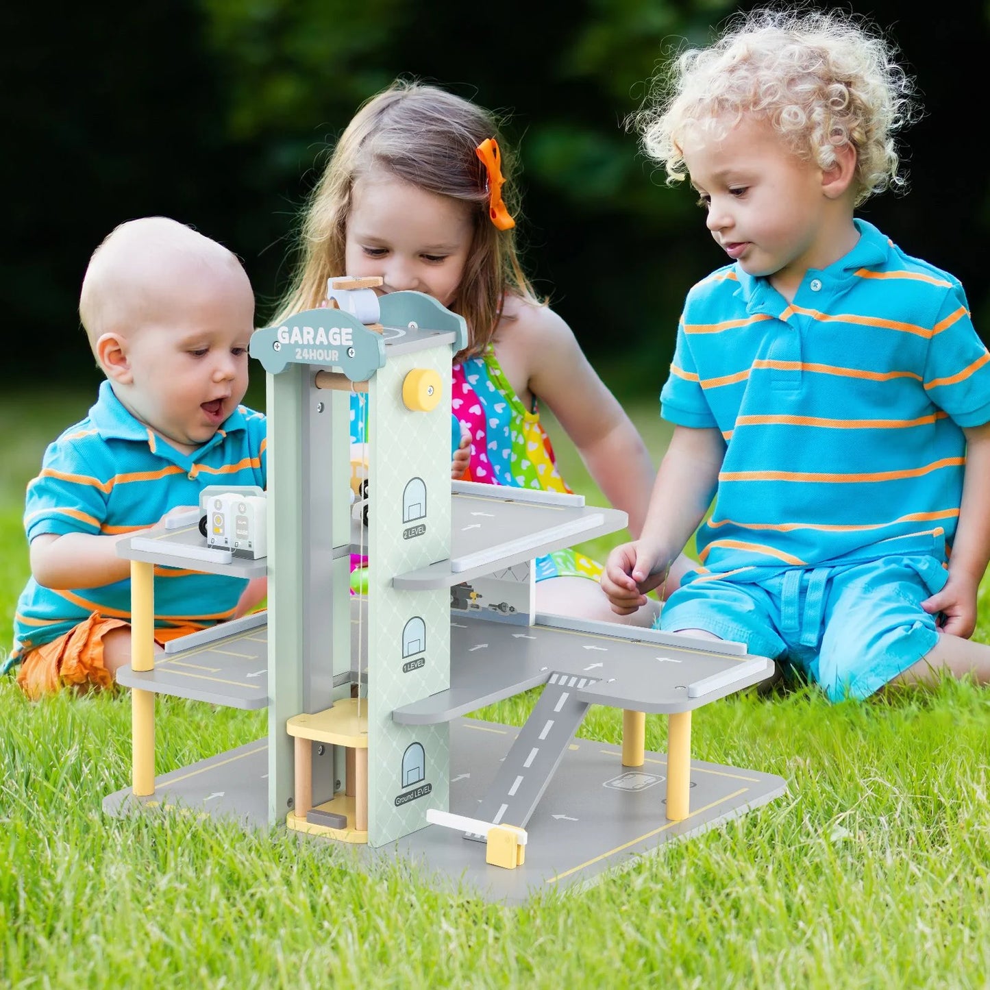 3-Layer Wooden Toy Garage Playset with 4 Cars & Helicopter | Kids Parking Garage with Elevator, Car Wash & Gas Station