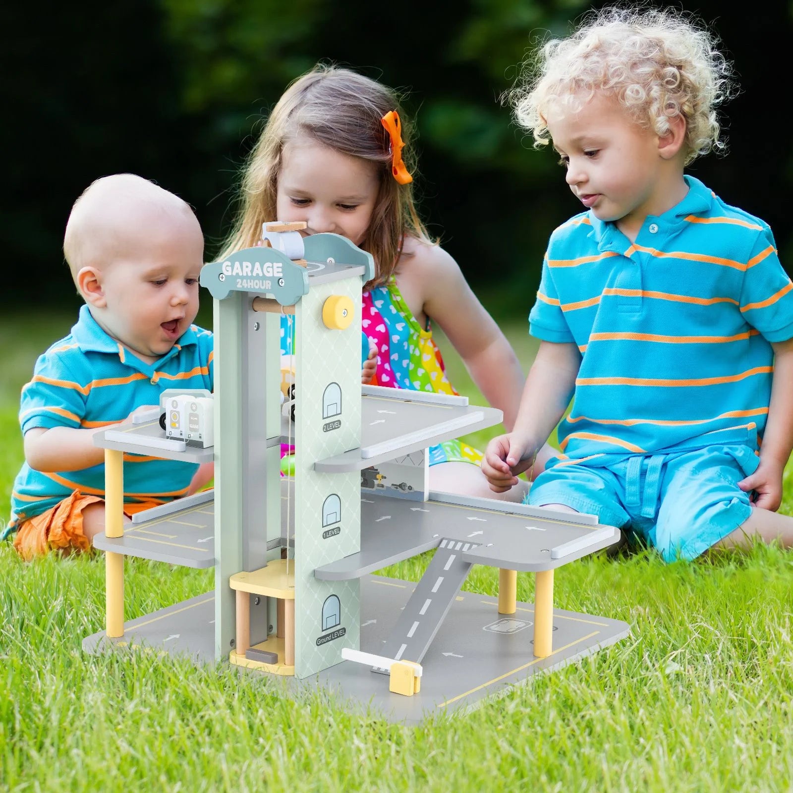 3-Layer Wooden Toy Garage Playset with 4 Cars & Helicopter | Kids Parking Garage with Elevator, Car Wash & Gas Station