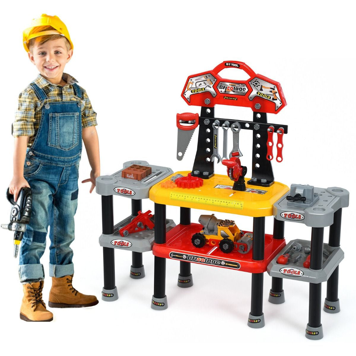 121-Piece Children's Pretend Play Tool Set with Double-Tier Workbench and Construction Accessories