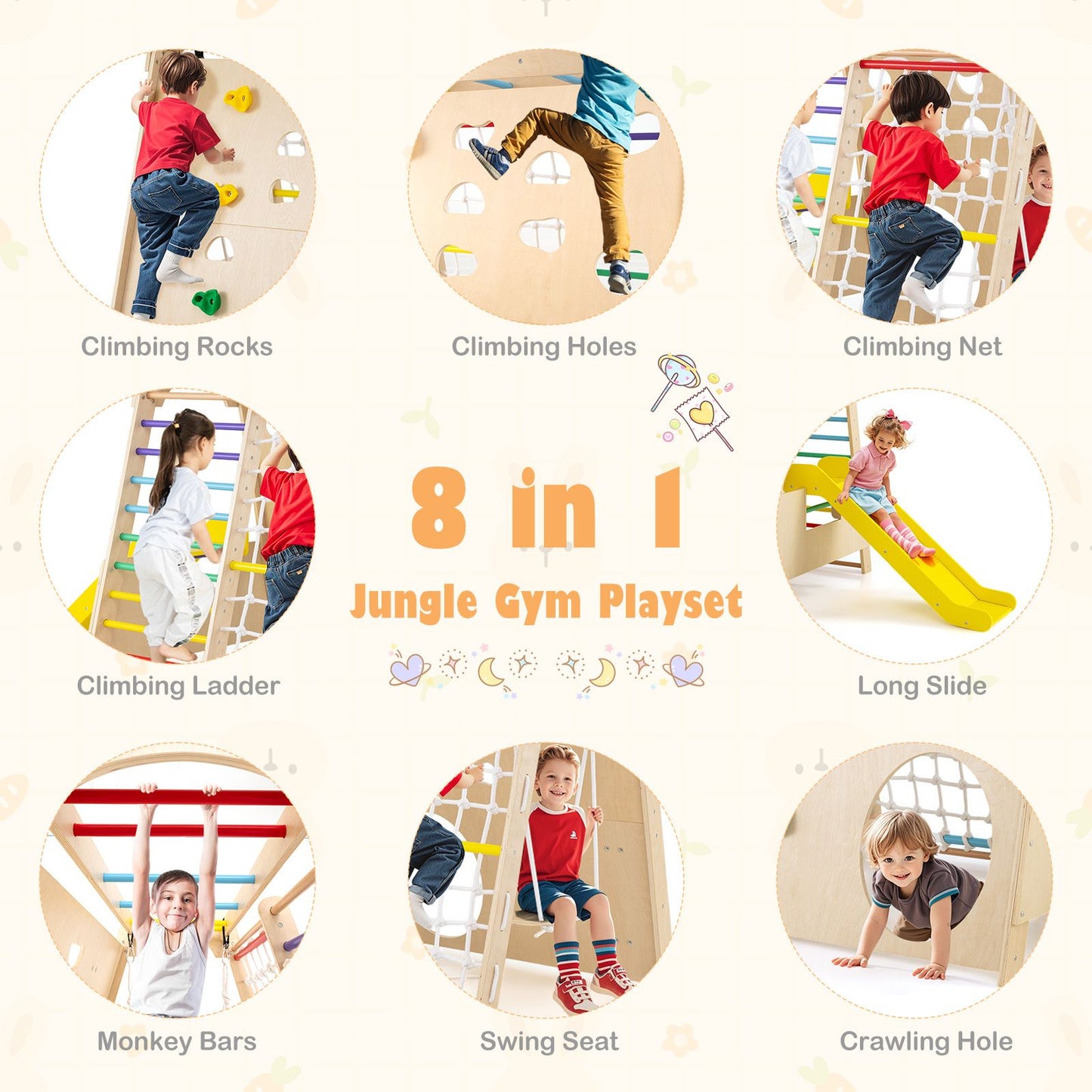 8-In-1 Indoor Jungle Gym Wooden Playground with Climbing Wall