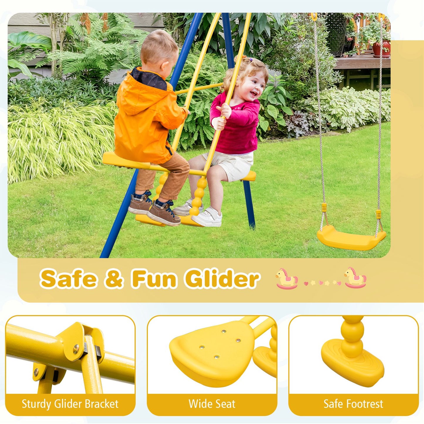 Heavy-Duty Kids Outdoor Swing & Glider Playset – 4-Seat Metal Frame Swing Set for Children Aged 3–12 | Adjustable Swings, Double Glider, Ground Stakes Included