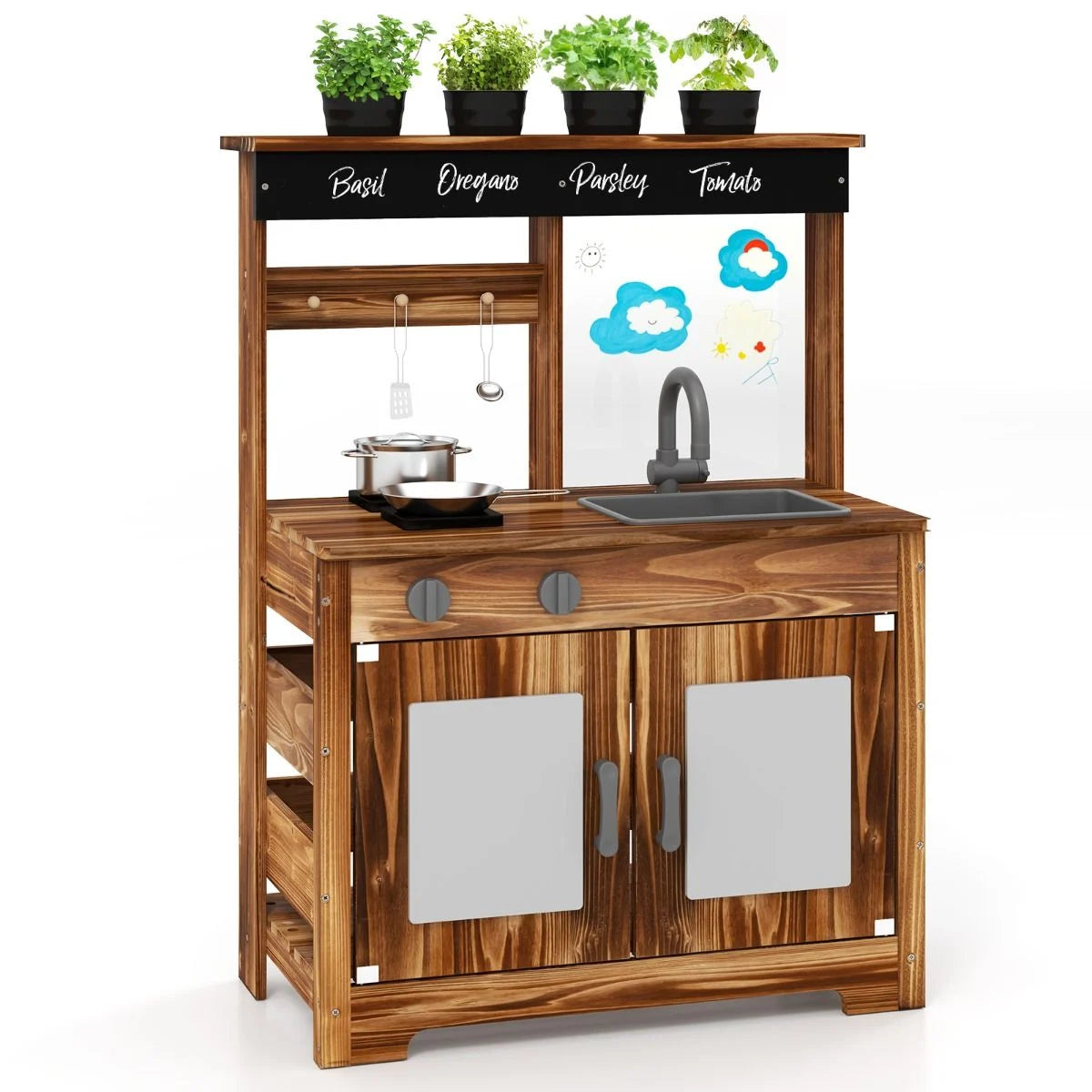 Mud Kitchen Fir Wood Play Kitchen with Planting Pots & Removable Sink