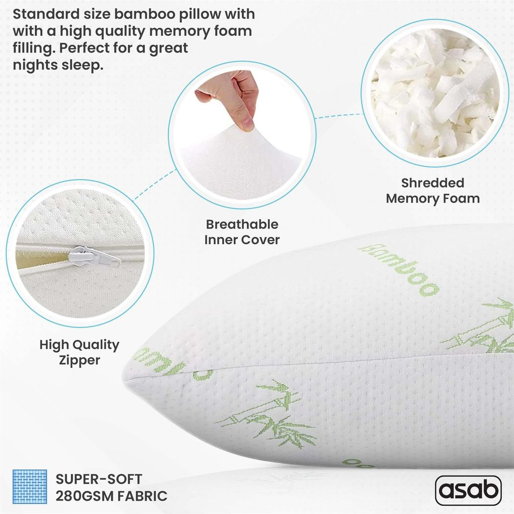 Pack of 2 – Bamboo Memory Foam Pillows with Removable Cooling Covers | Hypoallergenic & Orthopaedic Support - All Round Fitness