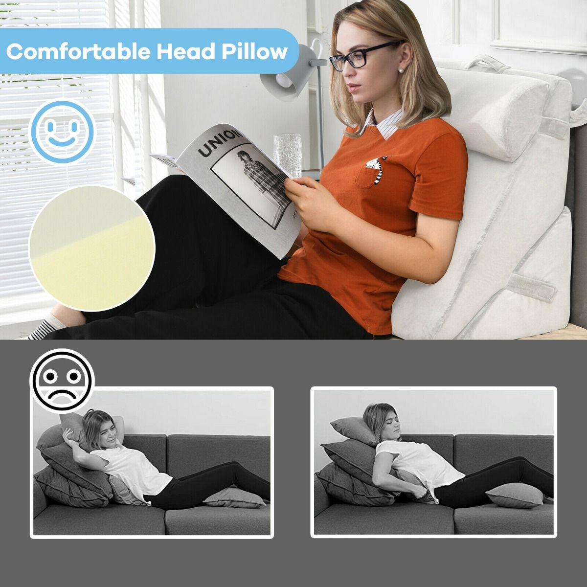 Elevated Bed Wedge Pillow with Integrated Headrest and Removable Washable Cover for Comfortable Reading