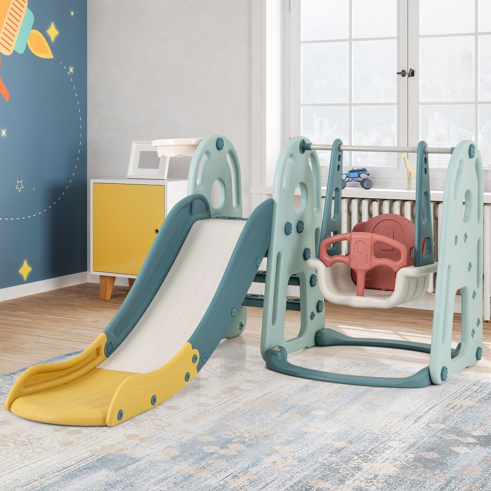 4-in-1 Freestanding Kids Slide and Swing Playset