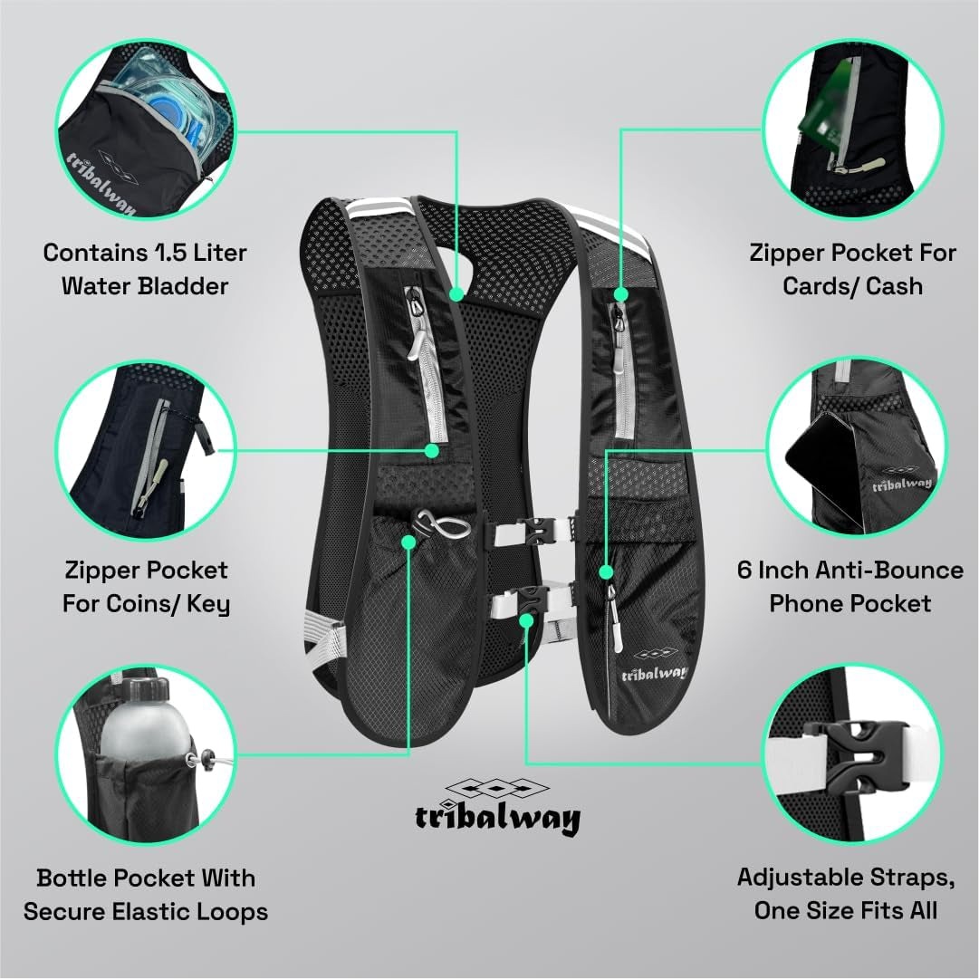Lightweight Running Vest with 1.5L Water Bladder – Breathable Reflective Hydration Backpack with Phone Holder for Men & Women | Ideal for Running, Hiking & Cycling – Black