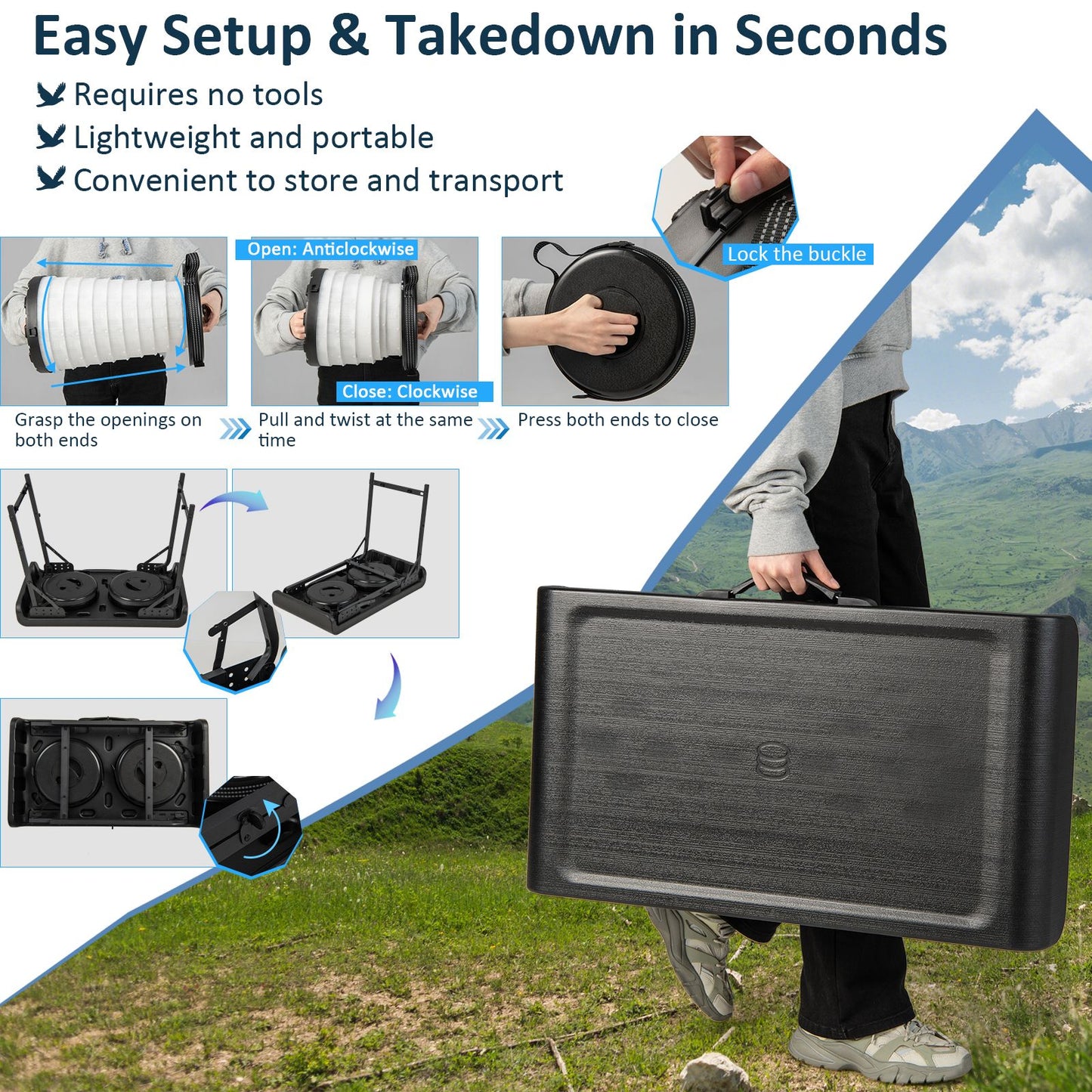 3-Piece Portable Folding Table and Stool Set with Retractable LED Lighting