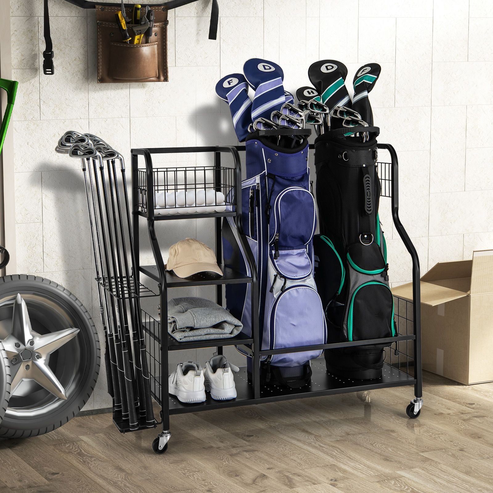 5-in-1 Golf Bag Storage Organizer with Integrated Storage Basket