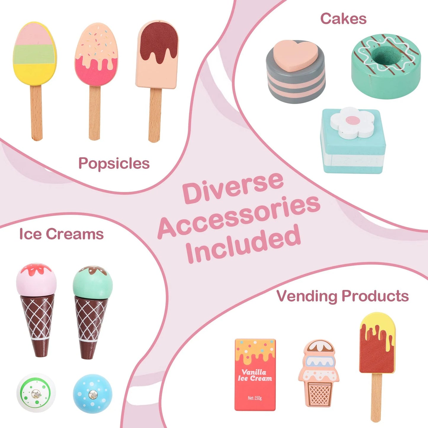 Wooden Kids Ice Cream Cart Pretend Play Set | Toddler Ice Cream Truck with Vending Machine & Accessories | Montessori Role Play Toy Ages 3+