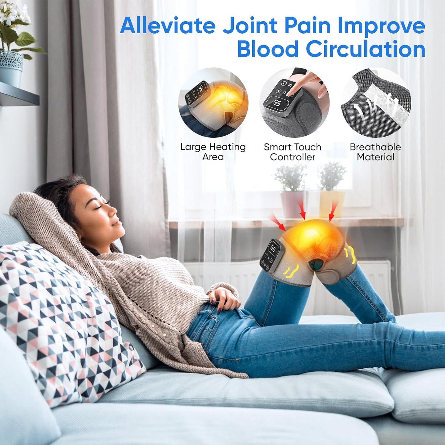 Cordless Heated Knee Massager with Vibration – Rechargeable 3-in-1 Knee, Shoulder & Elbow Wrap | 5 Heat Levels, 3 Vibration Modes, Adjustable Straps for Joint Pain, Muscle Strain & Arthritis Relief – Grey