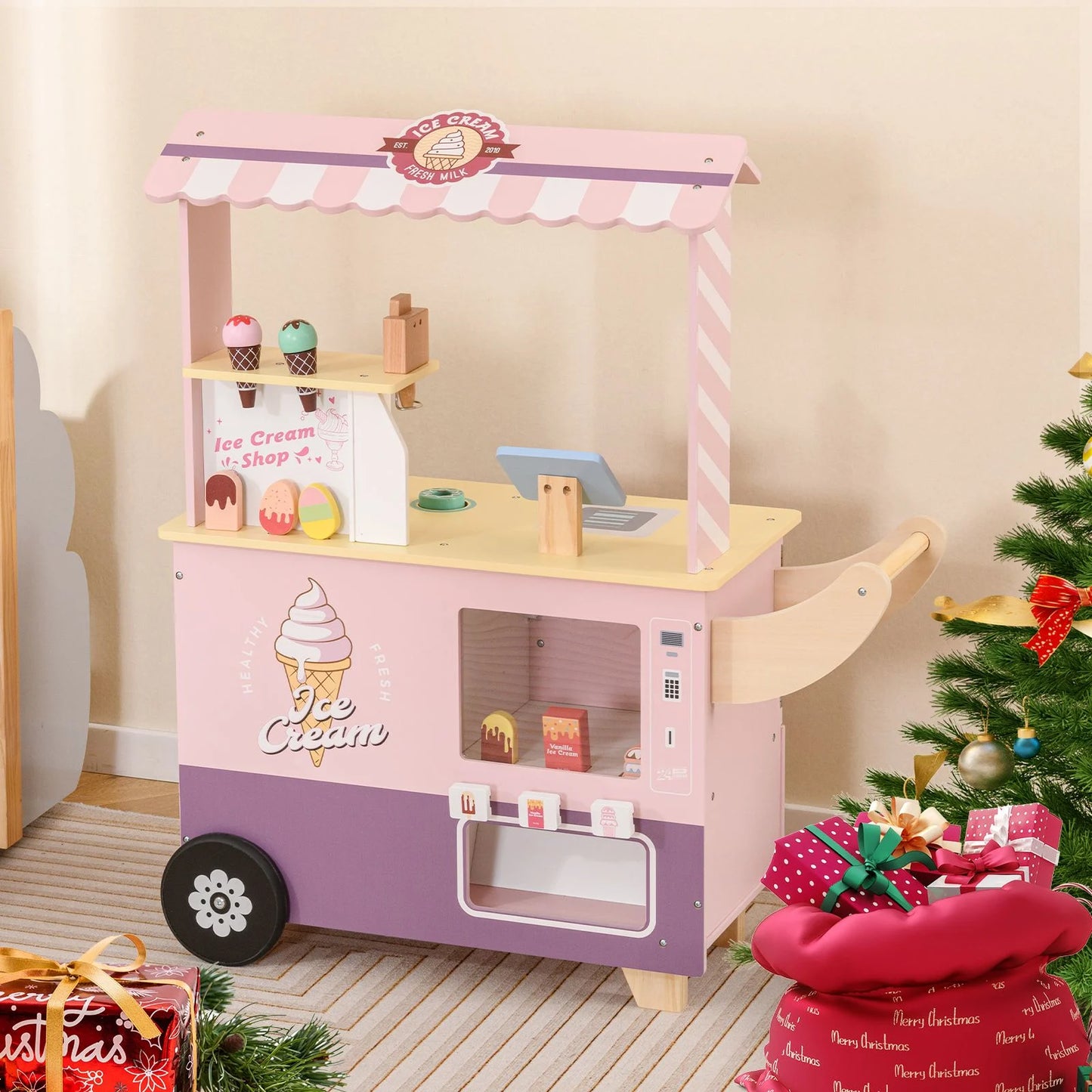 Wooden Kids Ice Cream Cart Pretend Play Set | Toddler Ice Cream Truck with Vending Machine & Accessories | Montessori Role Play Toy Ages 3+