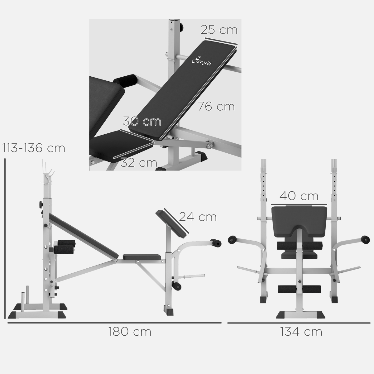 Adjustable Weight Bench with Squat Rack, Leg Developer & Preacher Curl, Grey