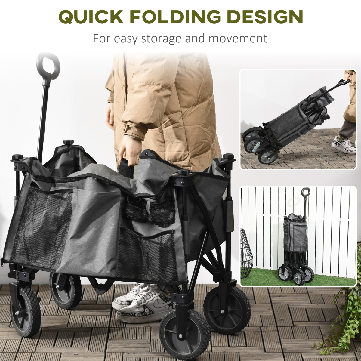 Folding Garden Trolley – Collapsible Camping Wagon with Steel Frame & Cover, Dark Grey