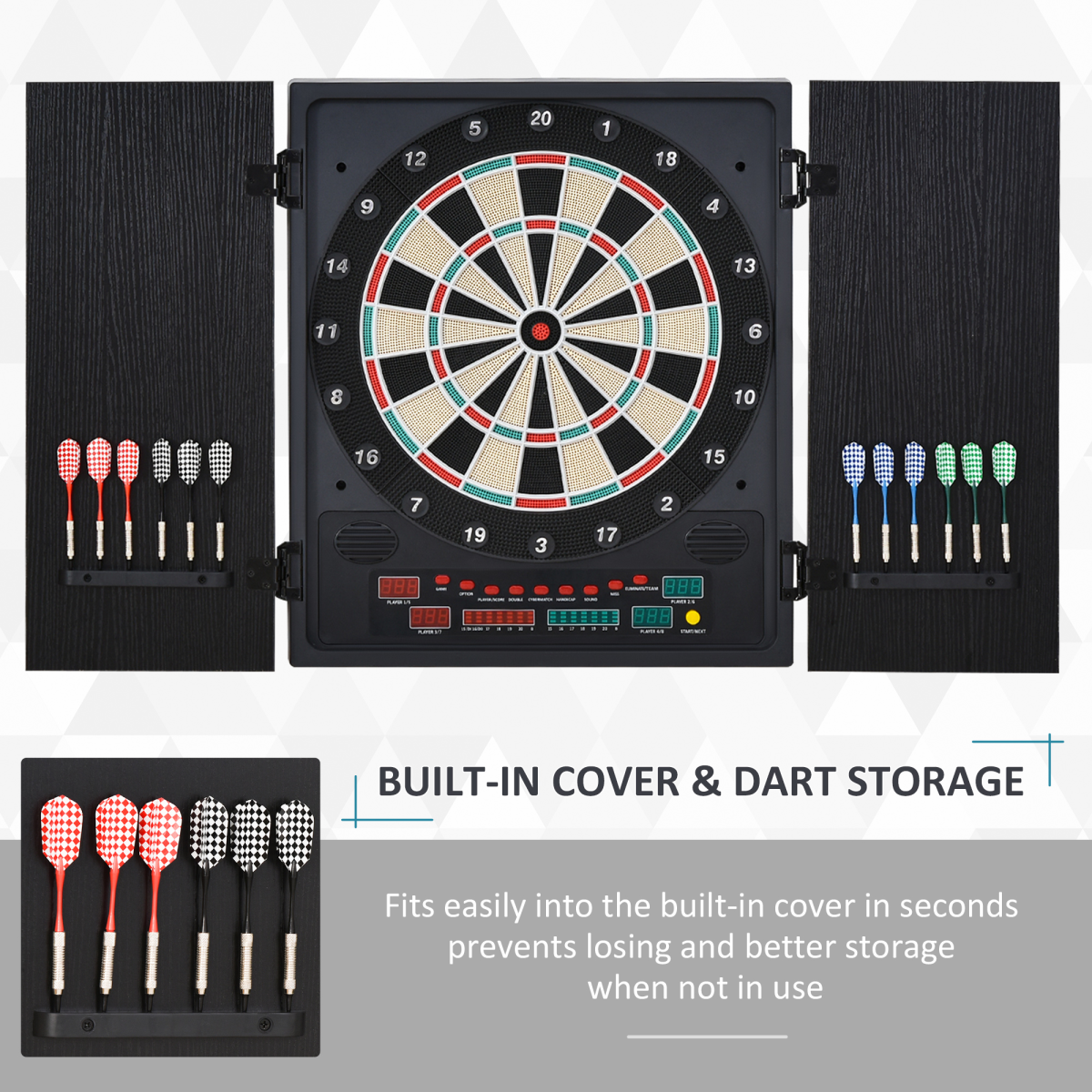 Electronic Dartboard with Cabinet, LED Digital Scoreboard & 27 Games – Includes 12 Darts