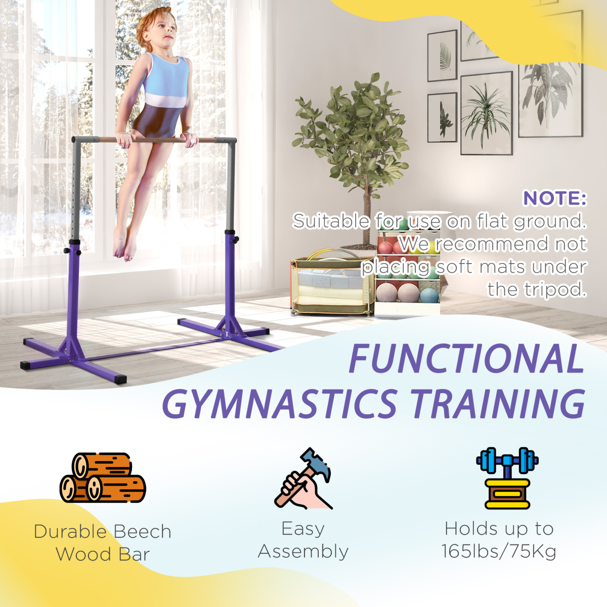 Adjustable Kids Gymnastics Bar – Horizontal Training Bar with Steel Frame & Beech Wood Top, 13 Height Levels (95–145cm), Stable ‘T’ Base – Purple - All Round Fitness