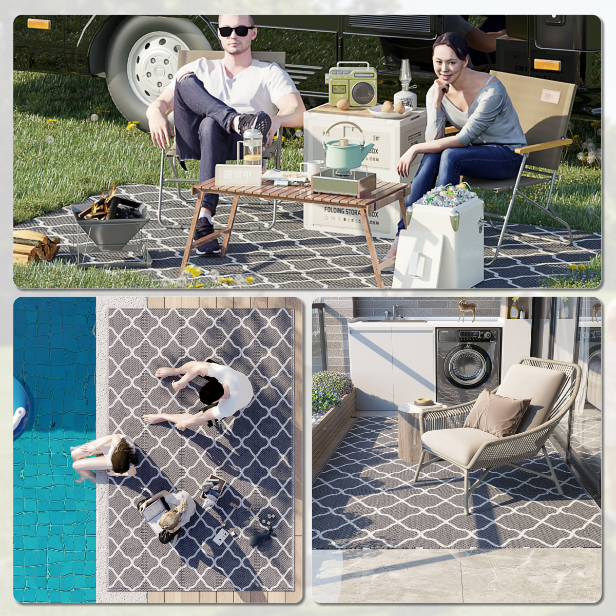 Reversible Outdoor Camping Rug with Carry Bag, Waterproof Mat for RV, Beach & Garden, 182 x 274cm – Grey
