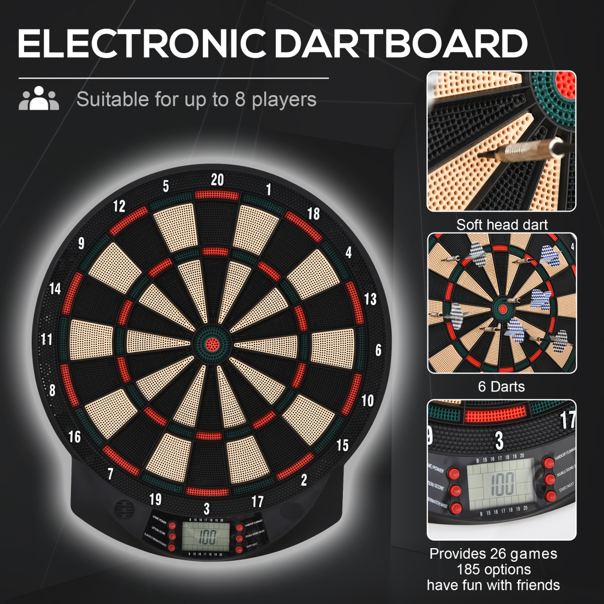 Electronic Dartboard with LCD Display – 26 Games, 185 Variations, 6 Darts & 30 Tip
