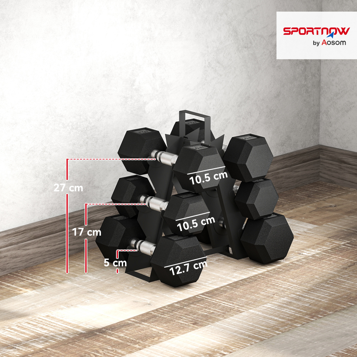 36KG Hex Dumbbell Set with Dumbbell Rack, Rubber Coated Weights