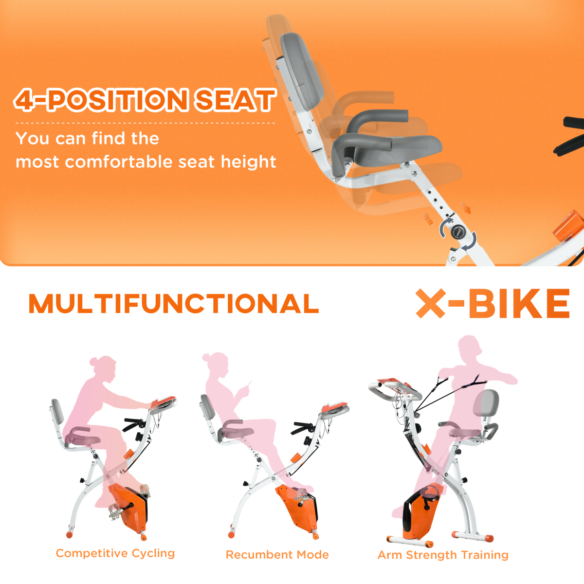 2-in-1 Upright & Recumbent Exercise Bike – 8-Level Resistance, Pulse Sensor & Foldable X-Bike (Orange) - All Round Fitness