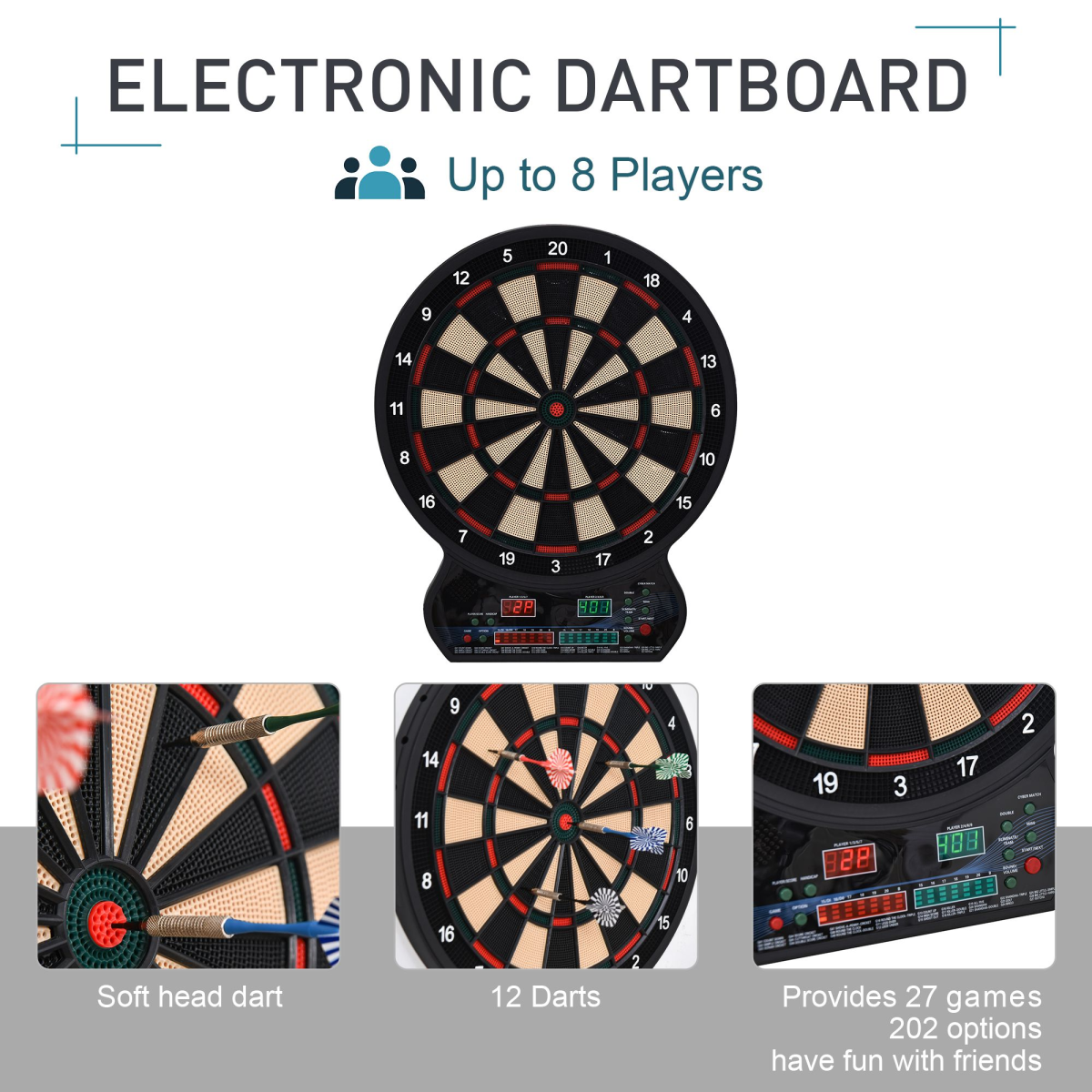 Electronic Dartboard with LED Scoreboard, 27 Games & 12 Soft Darts – Multiplayer Ready