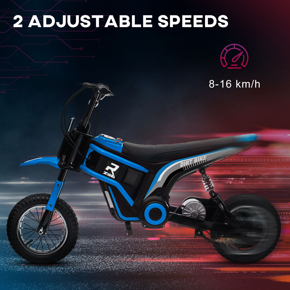 Kids 24V Electric Dirt Bike with Twist Throttle, Music, Horn & Shock Absorption – Black & Blue