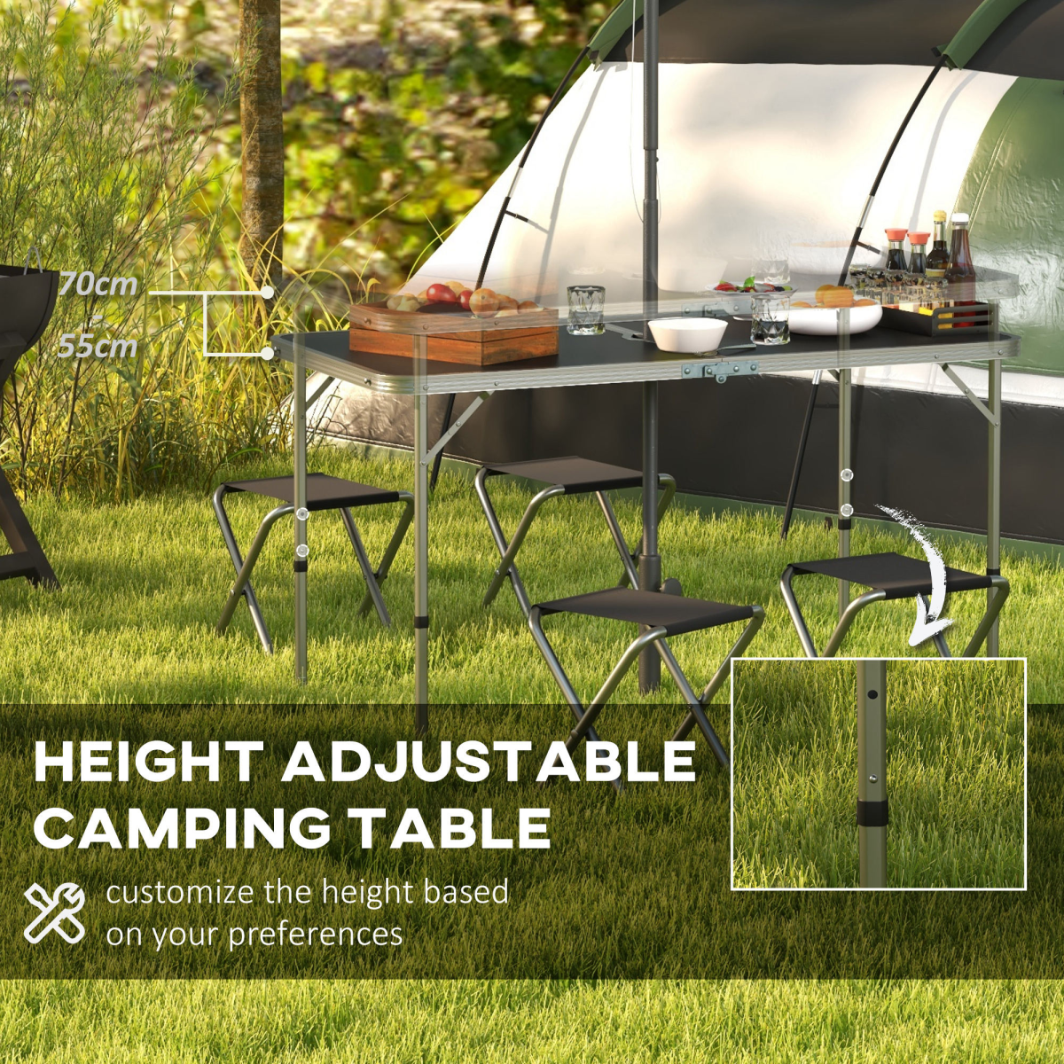 Folding Camping Table & 4 Chairs Set with Adjustable Height & Parasol Hole – Black