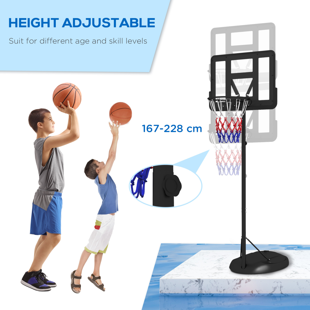 Adjustable Basketball Hoop and Stand with Weighted Base & Wheels, 1.7–2.3m – Black