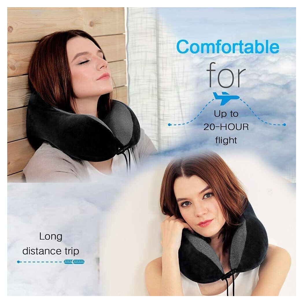 Memory Foam Travel Pillow – Neck Support Cushion with Adjustable Drawstring (Black/Grey)