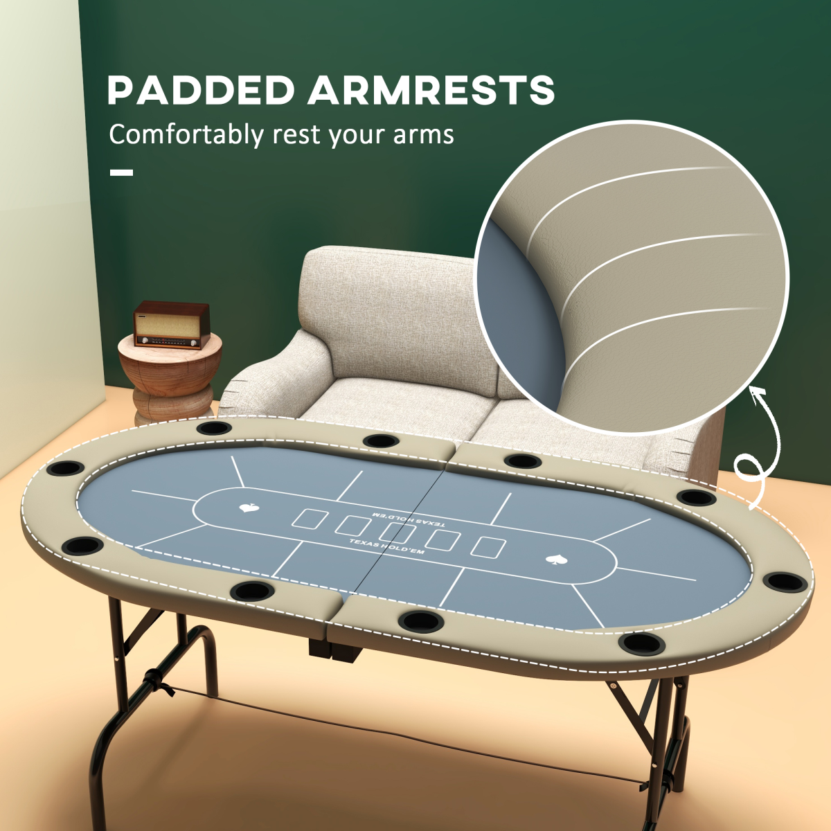 10-Player Folding Poker Table with Cup Holders, Steel Base – Brown