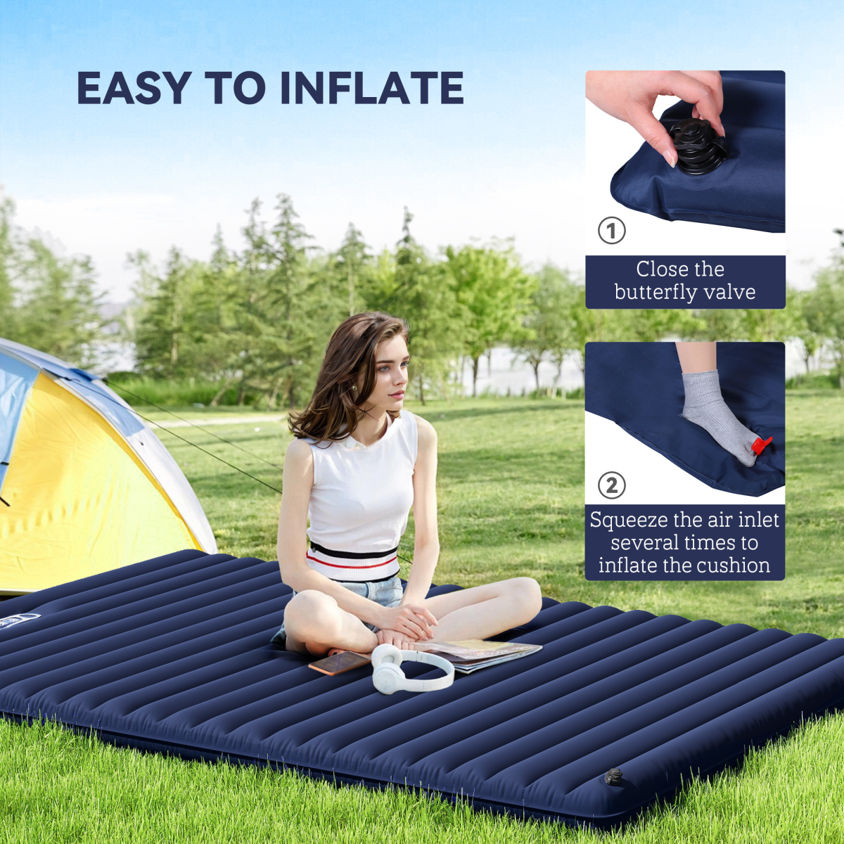 Double Inflatable Camping Mattress with Foot Pump & Carry Bag, Navy