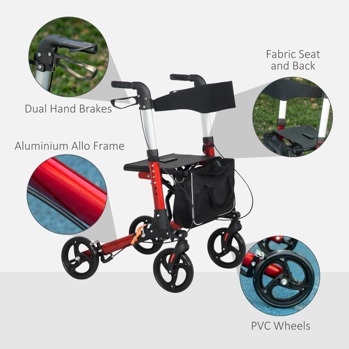 Lightweight 4-Wheel Rollator Walker with Seat, Bag & Dual Brakes – Adjustable Height (Red)