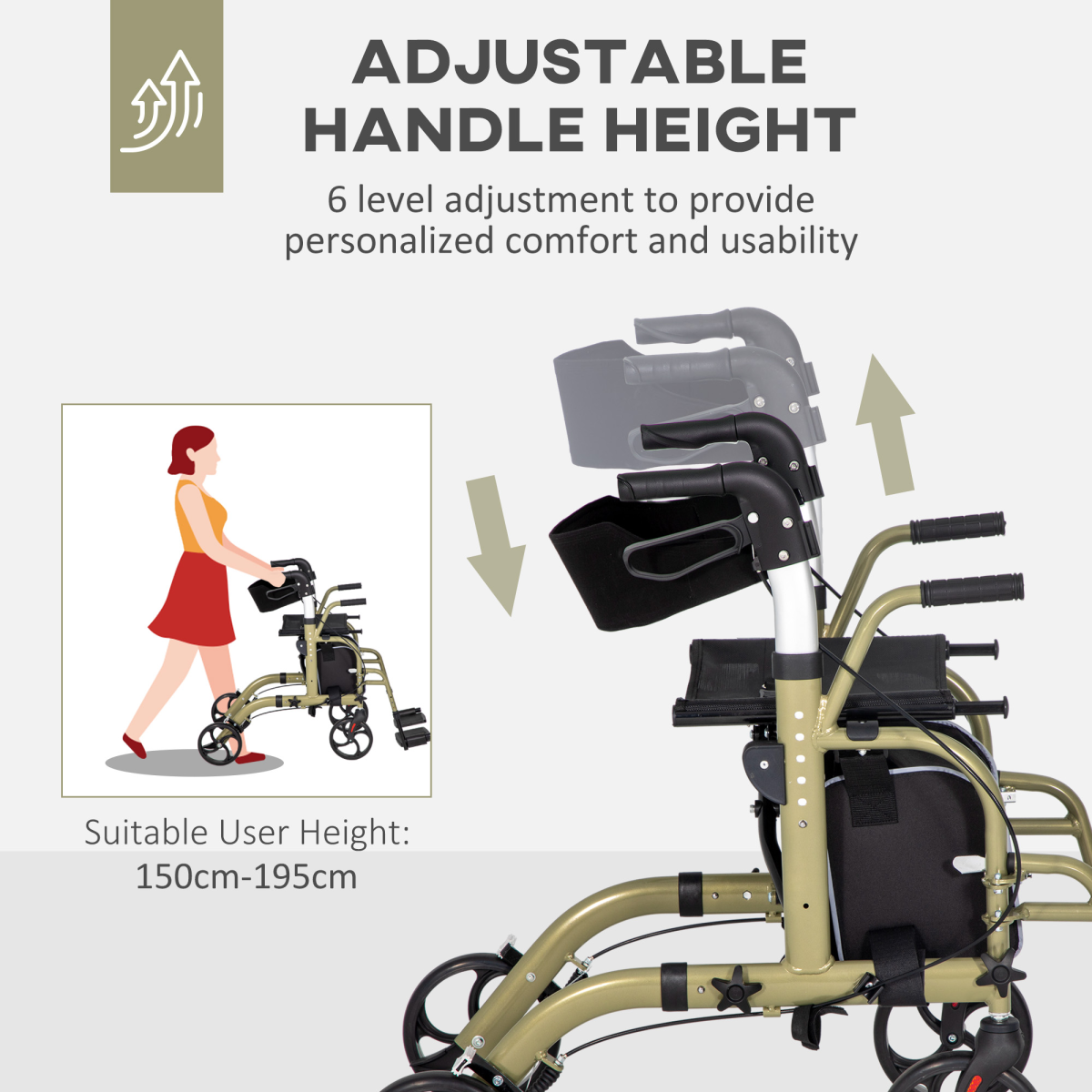2-in-1 Wheelchair & Folding Rollator Walker with Seat, Lightweight Aluminium, Yellow-Green