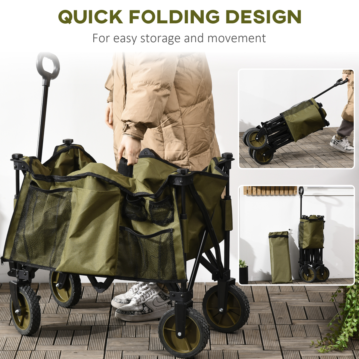 Folding Garden Trolley – Collapsible Utility Cart with Cover & Pockets, 100kg Load, Khaki Green
