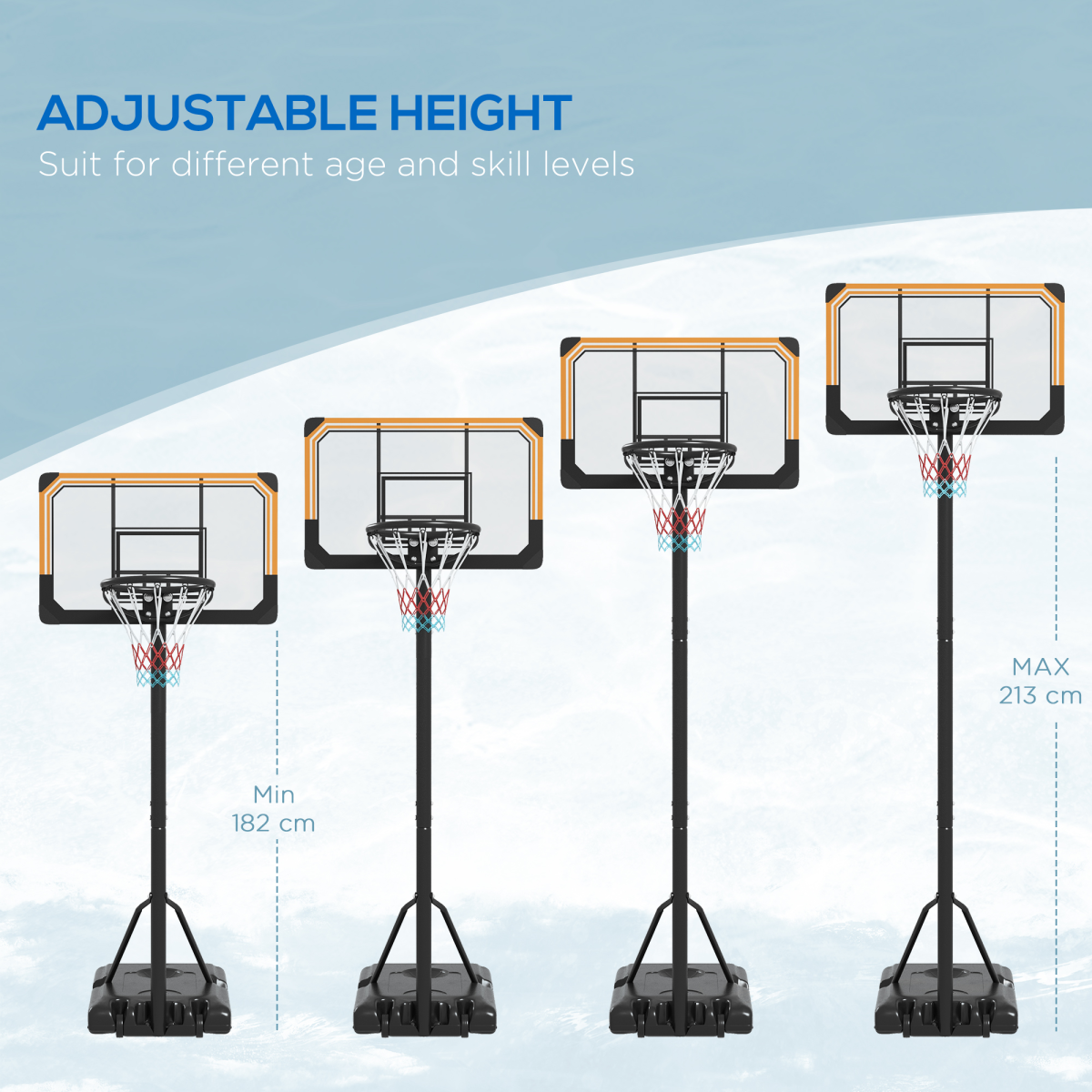Basketball Backboard Hoop Net Set with Wheels, 182–213cm, Black
