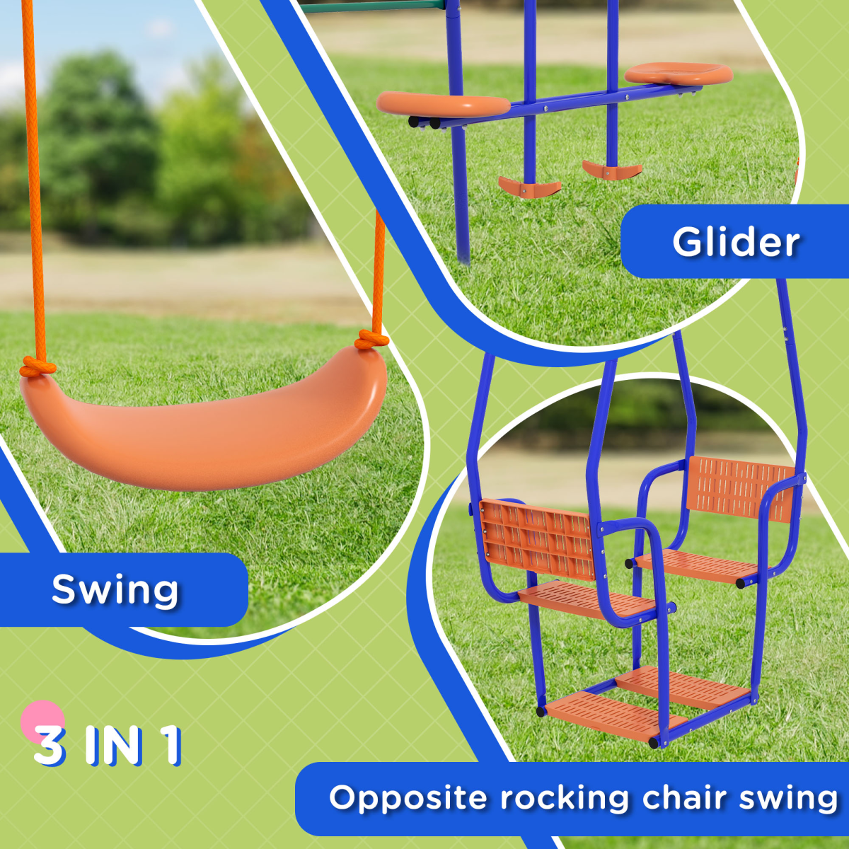 Outsunny 3-in-1 Metal Kids Swing Set with Glider & Rocking Chair – Fits 5 Children, Orange