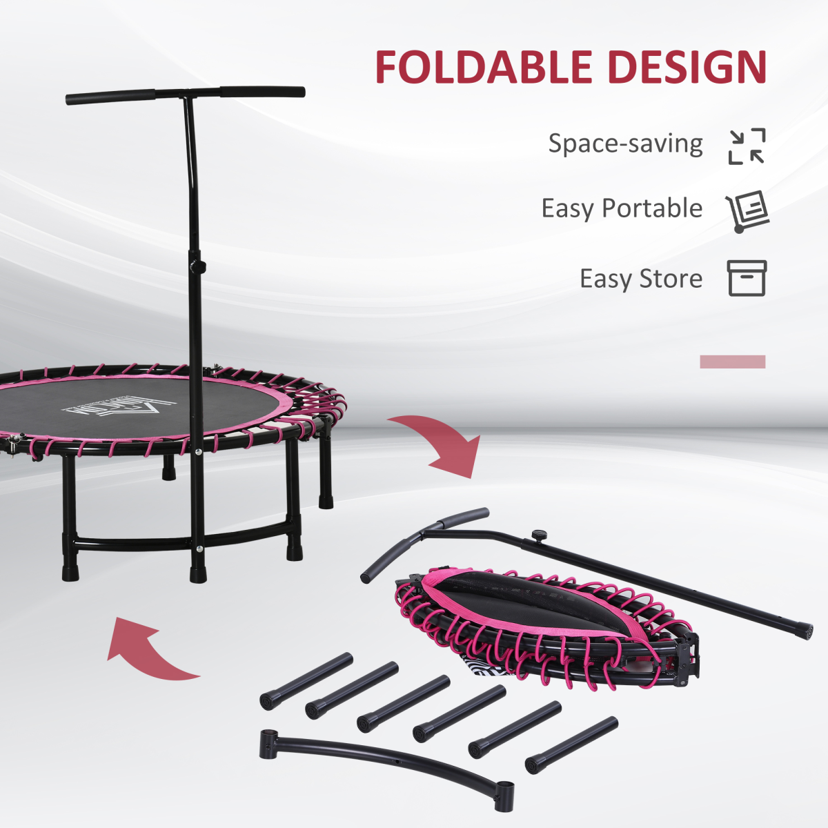 Pink HOMCOM Mini Trampoline for Fitness: Adjustable Handle for All Ages - All Round Fitness