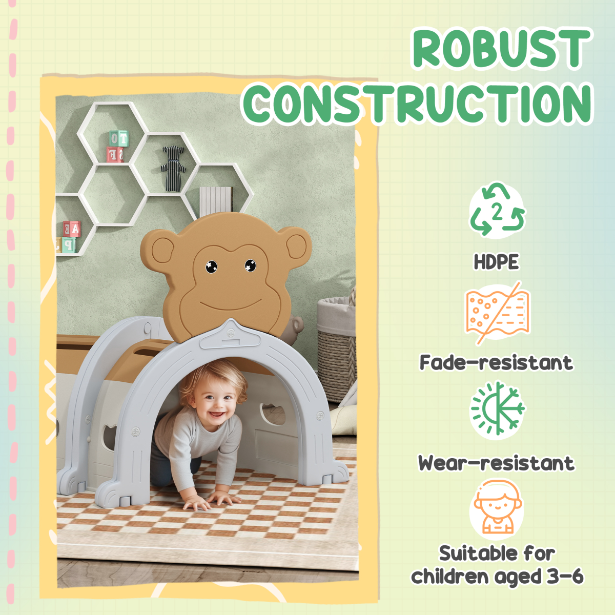 AIYAPLAY Kids Play Tunnel – Monkey Design Crawl & Climb Toy, Indoor/Outdoor, Brown