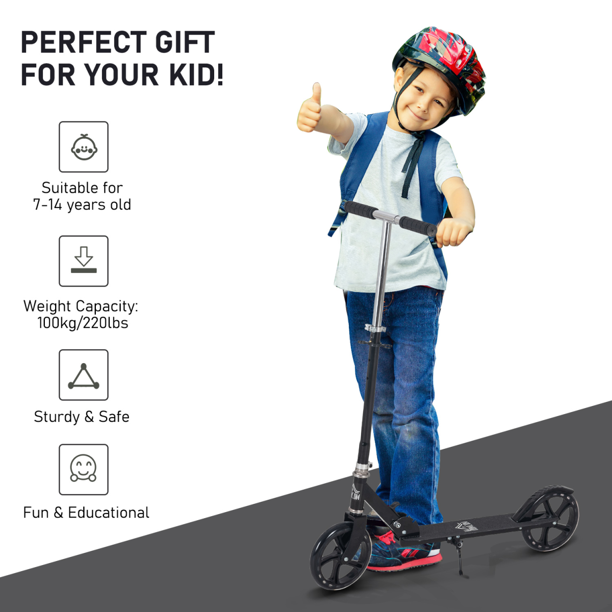 HOMCOM Kids Adjustable Folding Scooter – Ride-On Toy for Ages 7-14, Black