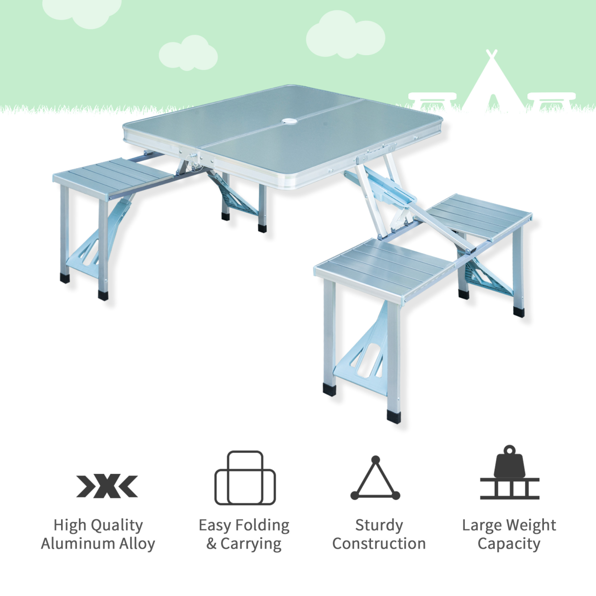 Outsunny Portable Folding Picnic Table with 4 Seats & Umbrella Hole – Lightweight Aluminium