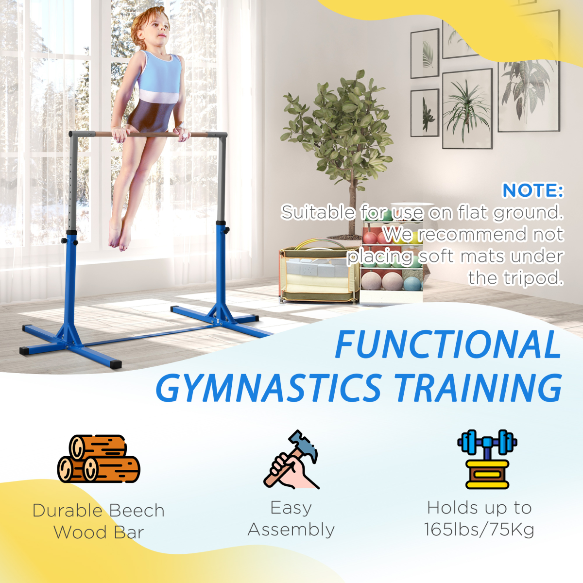 Adjustable Kids Gymnastics Bar – Horizontal Training Bar with Steel Frame & Beech Wood Top, 13 Height Levels (92–150cm), Stable ‘T’ Base – Blue - All Round Fitness