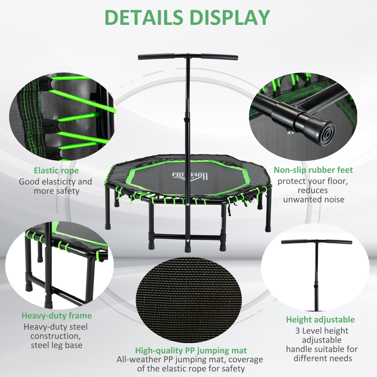 HOMCOM Foldable Trampoline Bouncer Jumper with Adjustable Handle for Adults & Teens – Green